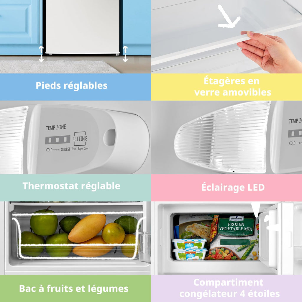 Réfrigérateur congélateur compact 113 L classe D congélateur 4 étoiles 16 L 35 dB 2 clayettes verre porte réversible blanc
