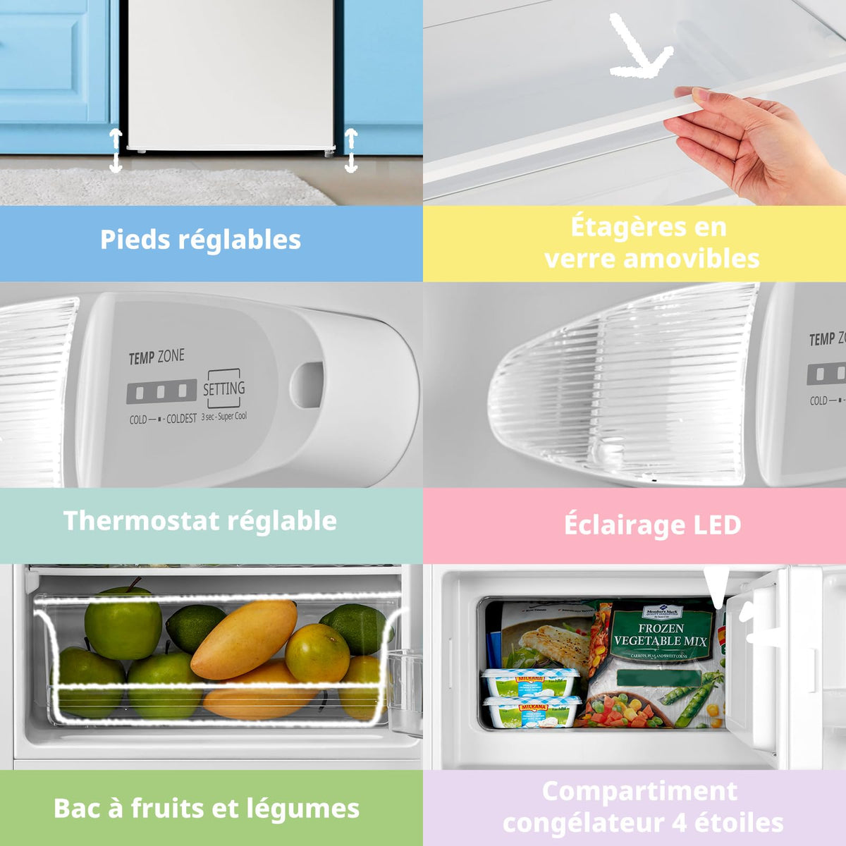 Réfrigérateur congélateur compact 113 L classe D congélateur 4 étoiles 16 L 35 dB 2 clayettes verre porte réversible blanc