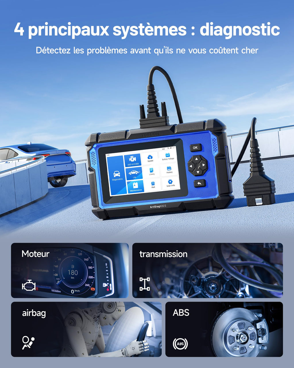 Valise diagnostic automobile OBD2 AD600S 4 systèmes écran 5 pouces Android 11 9 réinitialisations huile frein SAS BMS ABS DPF TPMS