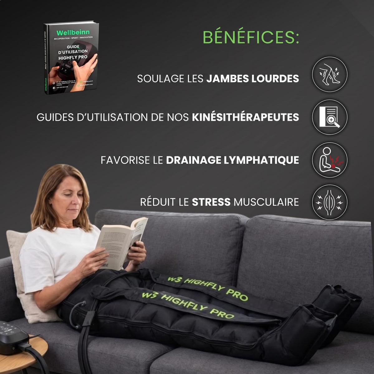 Pantalon de pressothérapie sans fil HighFly Pro 01 6 chambres 0 à 200 mmHg 6 niveaux 5 programmes écran LCD Bluetooth USB-C