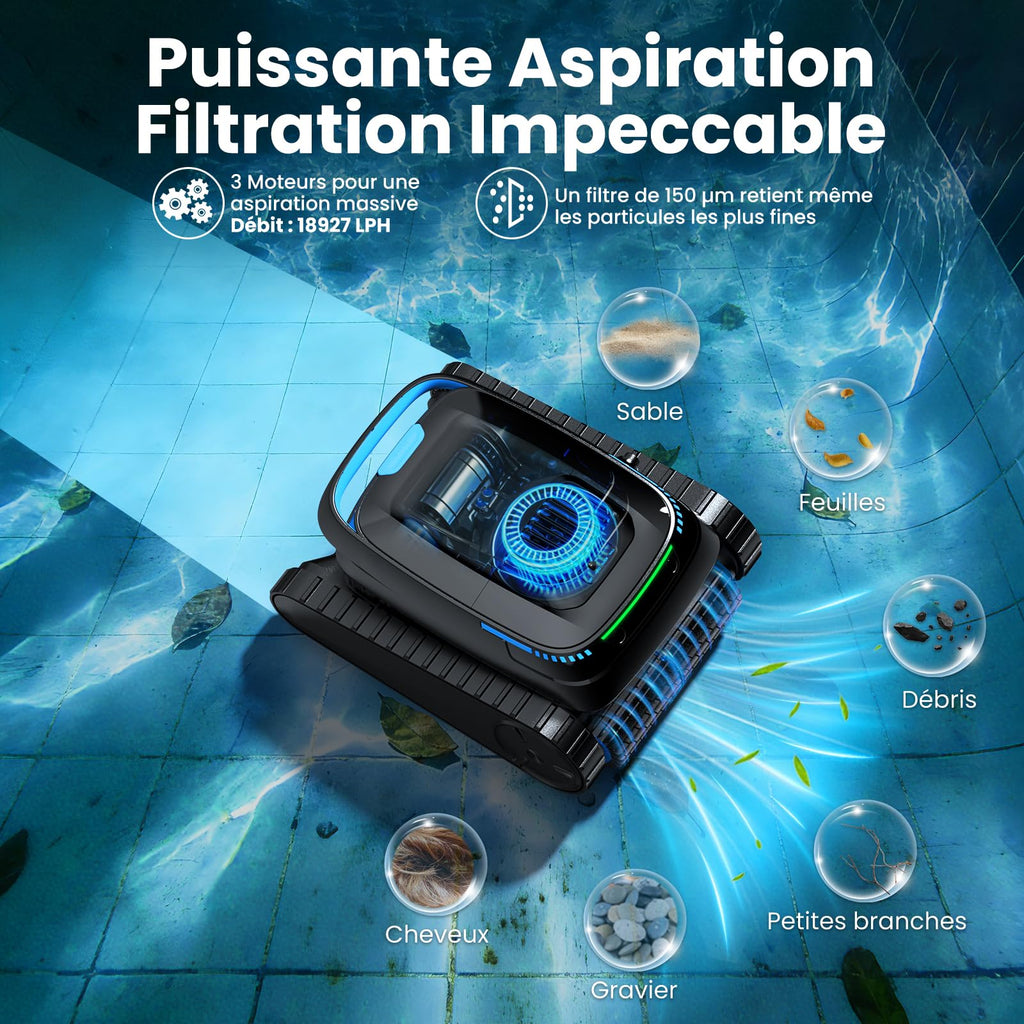 Robot nettoyeur de piscine sans fil YYY-PC10 18927 L/h batterie 5200 mAh panier filtrant 4 L filtre 150 µm