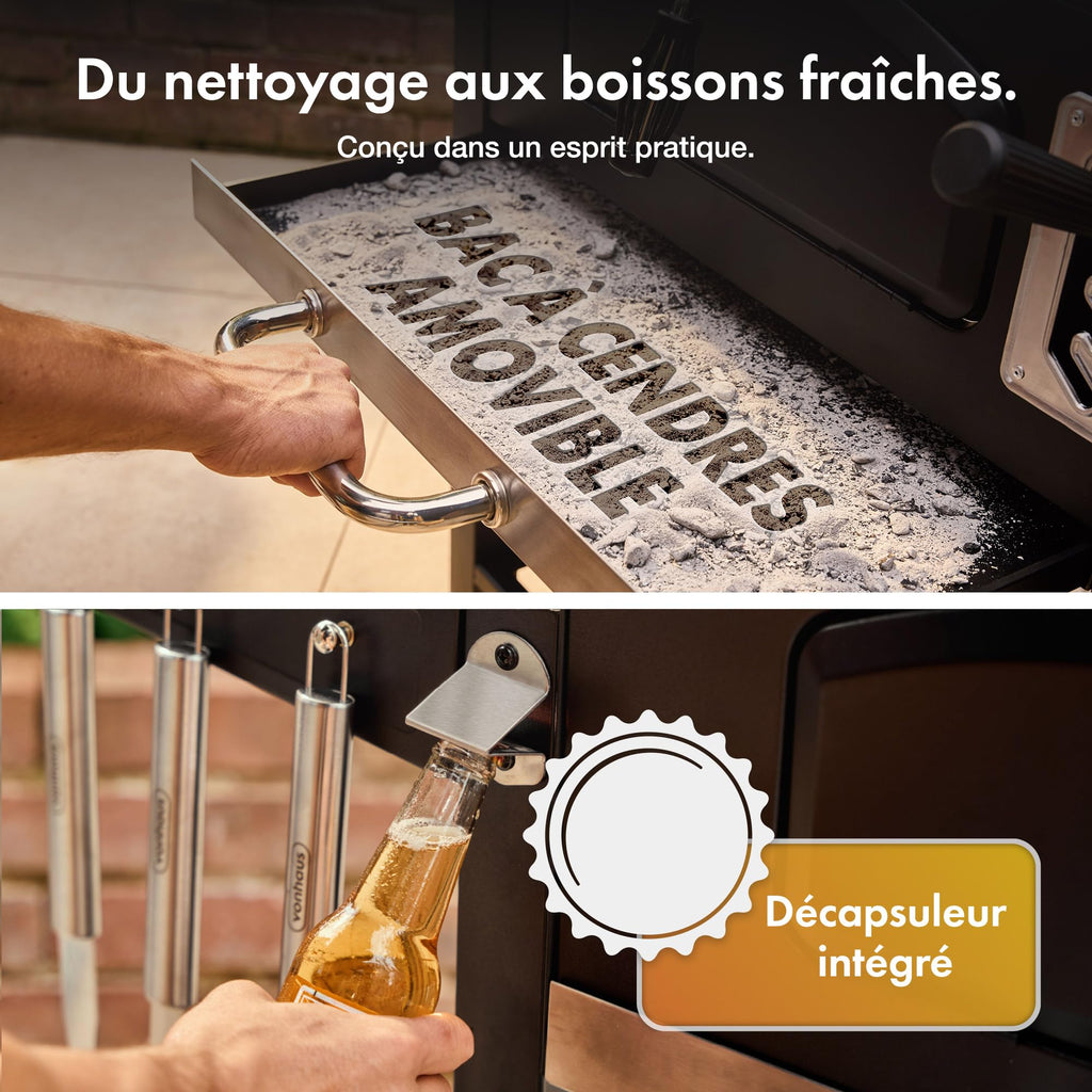 Barbecue au charbon XL avec couvercle et fumoir 2-en-1 grille en fonte 57 x 41 cm thermomètre 2 tablettes rabattables
