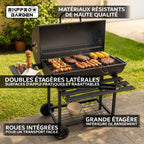 Barbecue au charbon de bois avec grille XL thermomètre intégré kit d'accessoires housse chariot en acier roues étagères pliables
