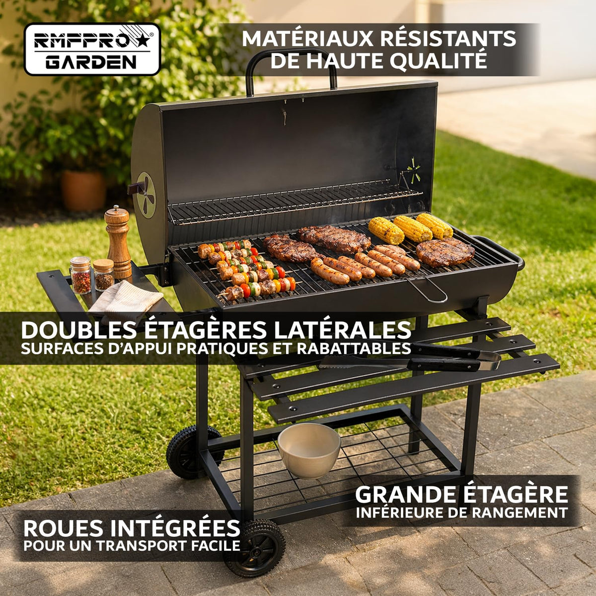 Barbecue au charbon de bois avec grille XL thermomètre intégré kit d'accessoires housse chariot en acier roues étagères pliables
