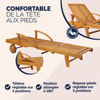 Chaise longue de jardin pliante en bois d'acacia avec roues et dossier réglable lot de 2 195 x 69 x 85 cm