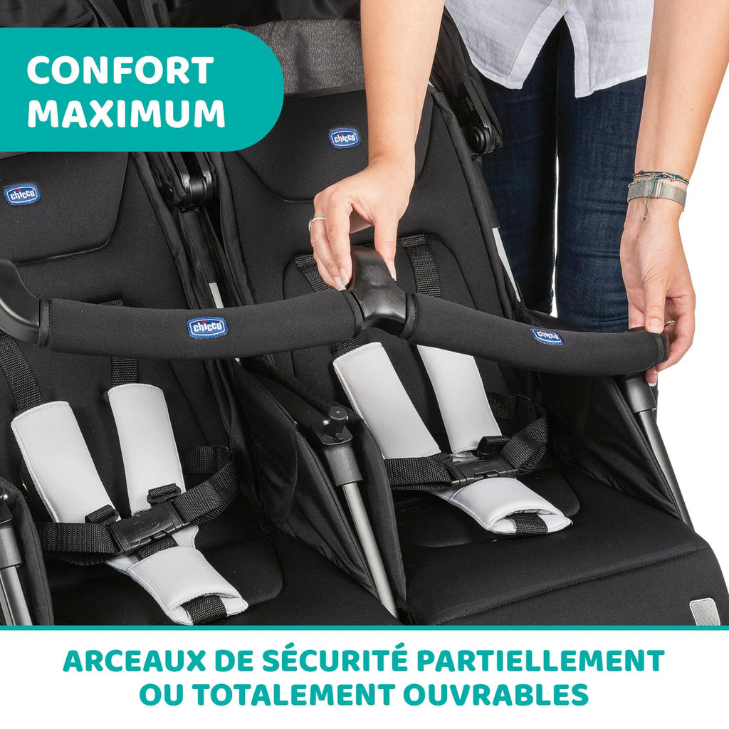 Poussette double tandem OHlalà Twin pliable 8 kg 2 places harnais 5 points assises inclinables capotes extensibles