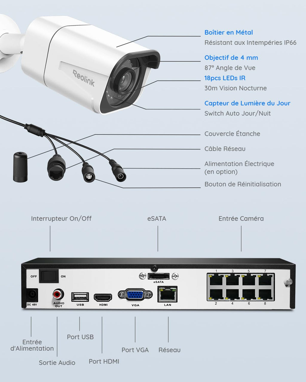 Kit de vidéosurveillance PoE RLK8-800B4 4K avec 4 caméras IP 8 MP NVR 8 canaux 2 To détection de personnes et véhicules