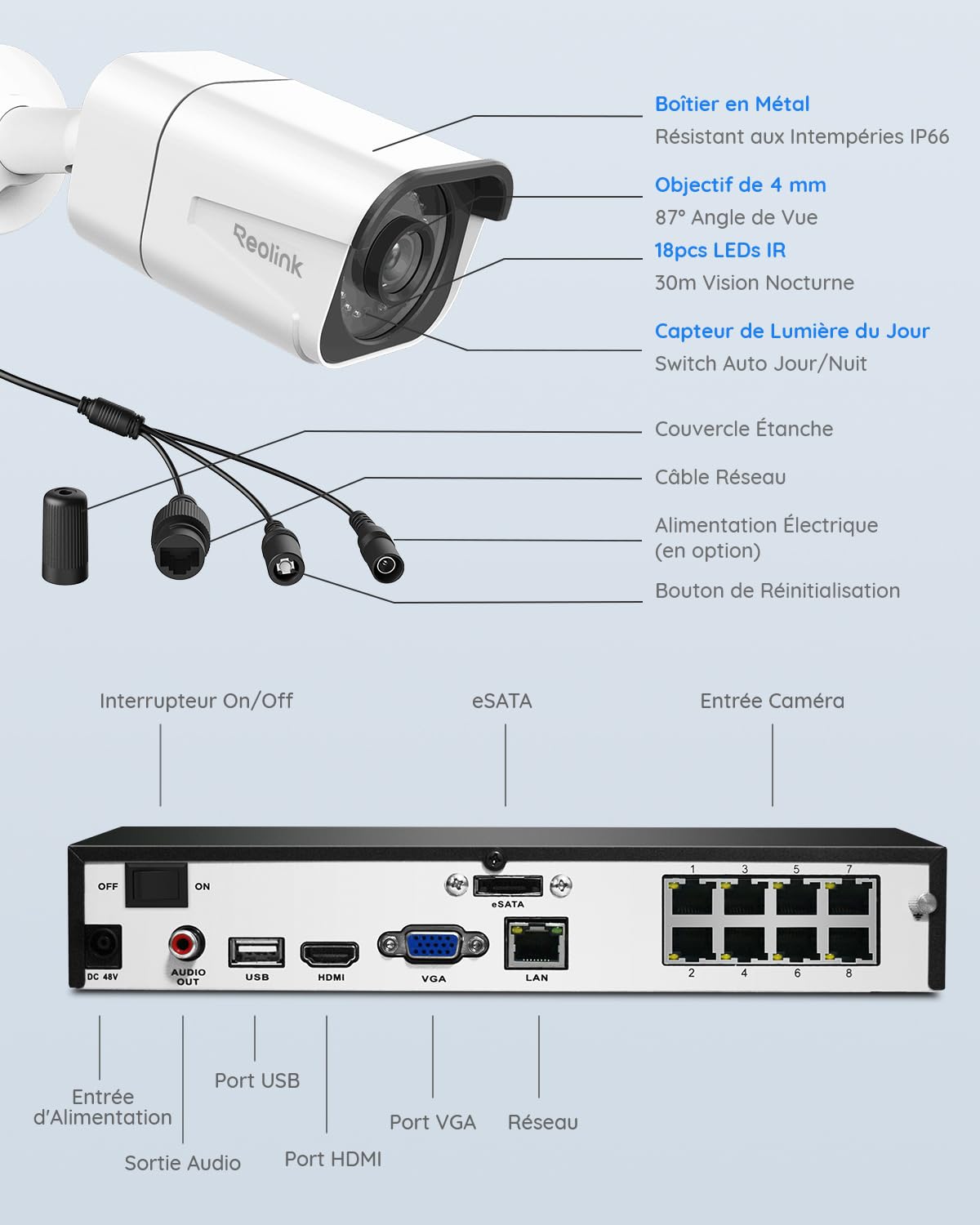 Kit de vidéosurveillance PoE RLK8-800B4 4K avec 4 caméras IP 8 MP NVR 8 canaux 2 To détection de personnes et véhicules