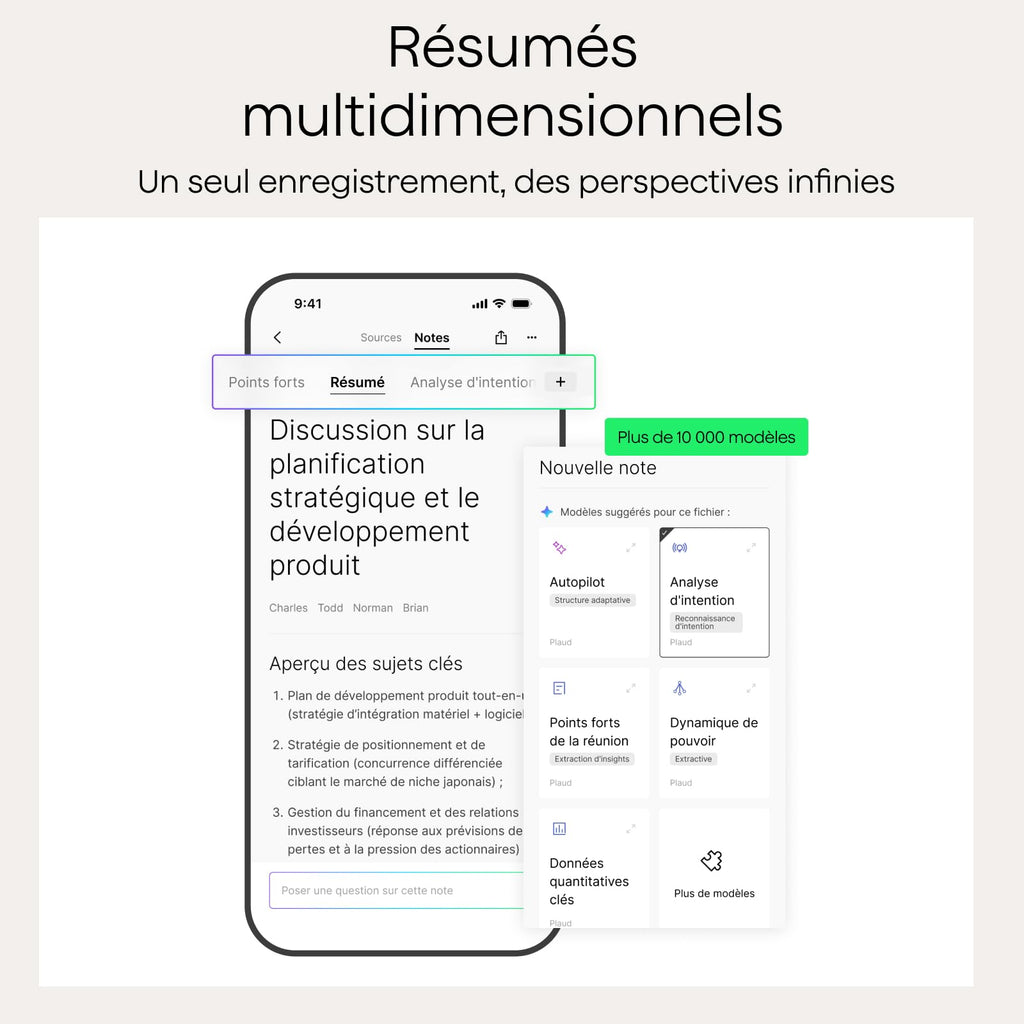 Note Pro Enregistreur vocal IA avec transcription dictaphone numérique 64 Go Bluetooth 50 h d'enregistrement