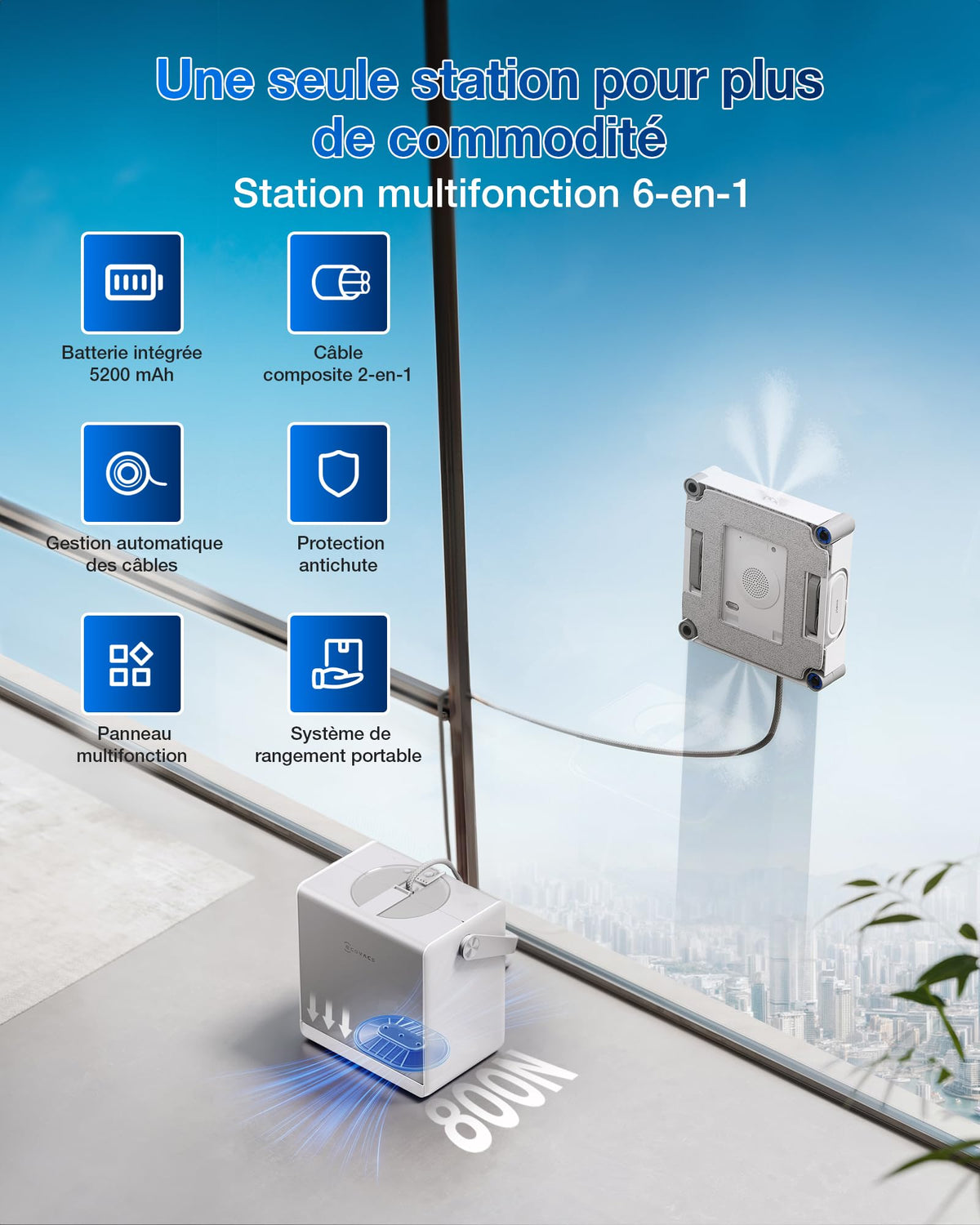 Robot nettoyeur de vitres W2S OMNI avec station 110 min batterie lithium-ion pulvérisation 3 jets contrôle par application