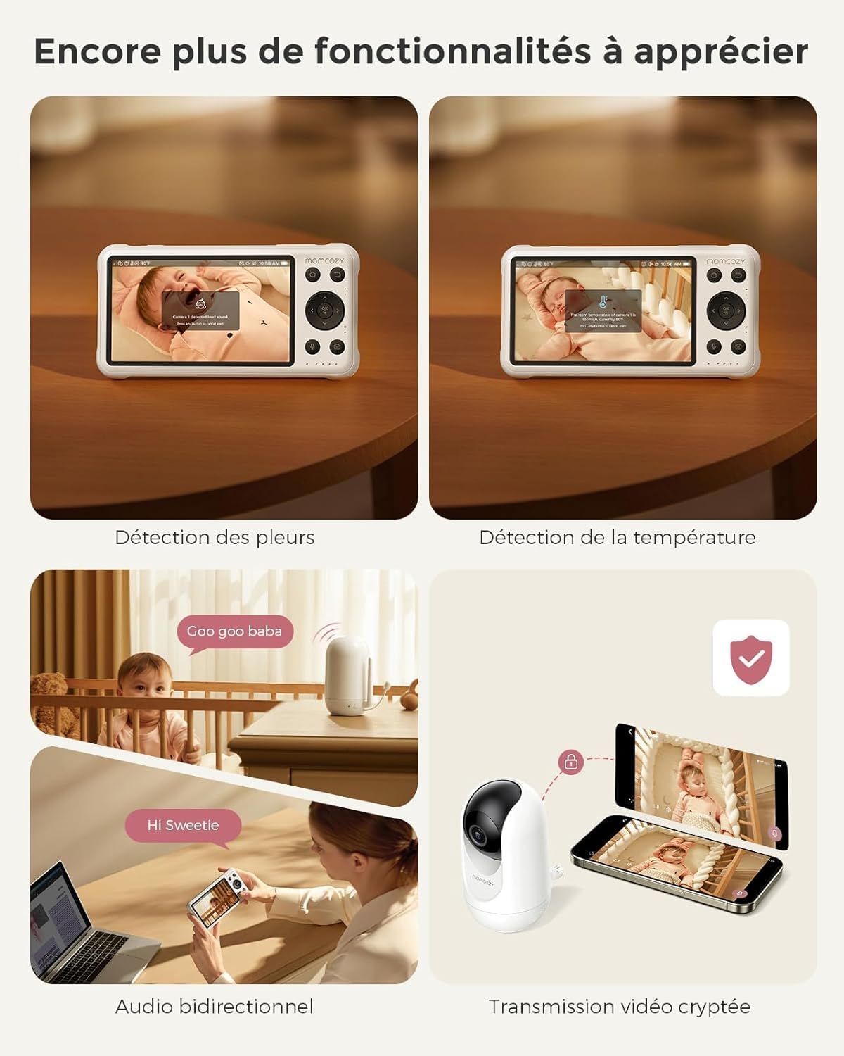 Babyphone caméra BM04-1 écran 5 pouces 1080p Wi-Fi FHSS vision nocturne audio bidirectionnel détection des pleurs et mouvements