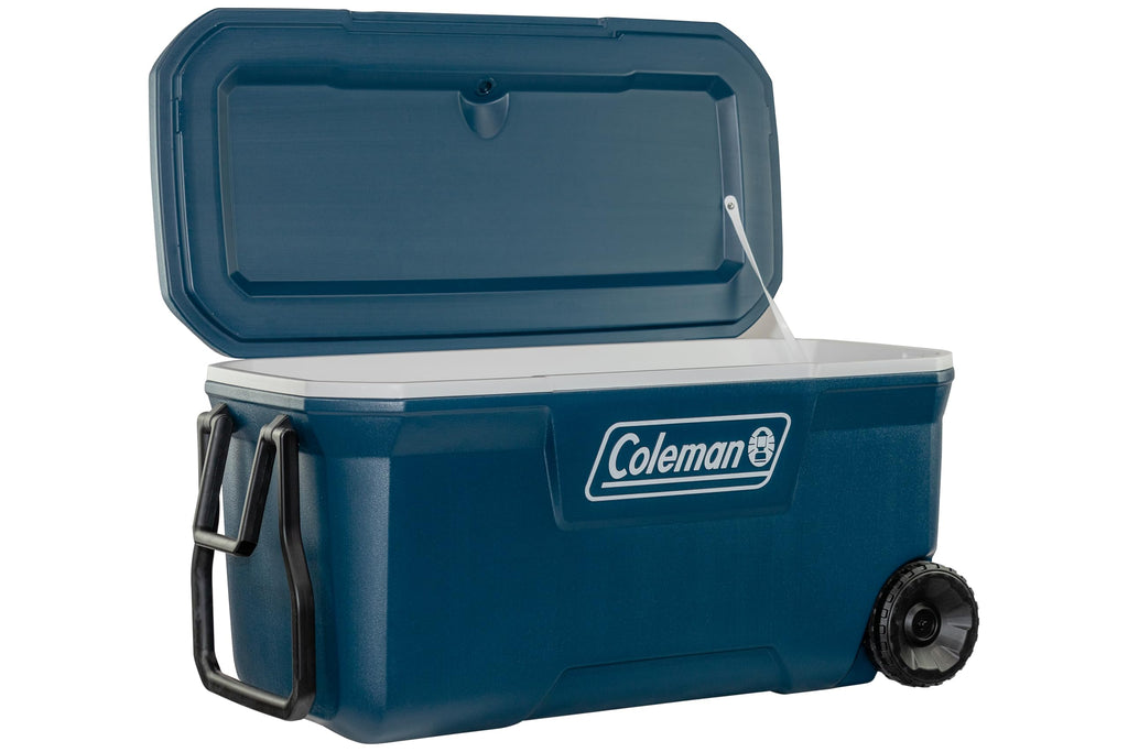 Glacière Rigide Xtreme 94 L avec Roues Isolation Mousse PU Poignées Pivotantes PEHD Bleu Camping Pique-Nique Pêche