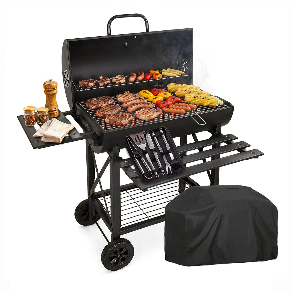 Barbecue au charbon de bois avec grille XL thermomètre intégré kit d'accessoires housse chariot en acier roues étagères pliables