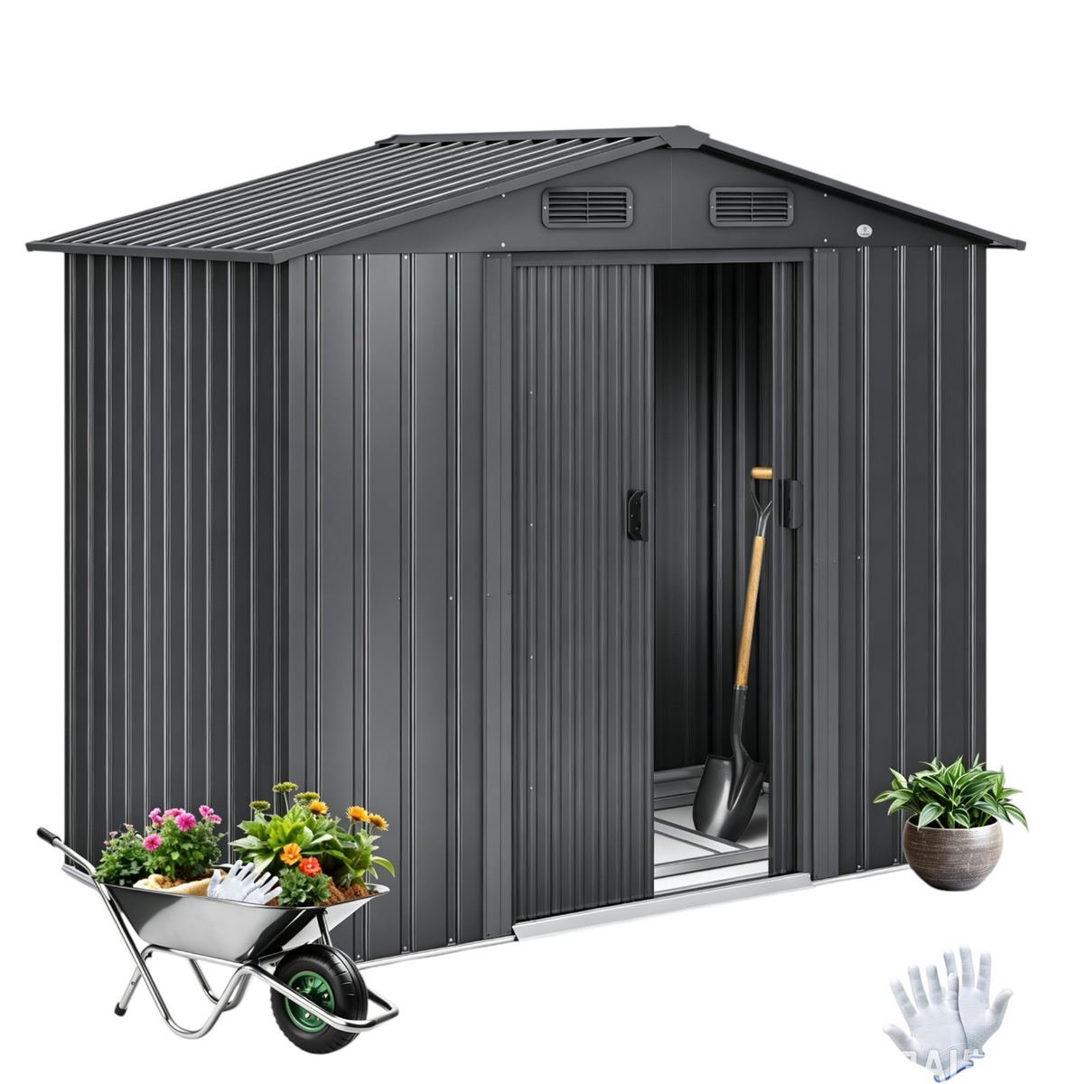 Abri de Jardin en Métal 4,2 m³ 182 x 131 x 186 cm 2 Portes Coulissantes Fondation Toit à Pignon Aération Anthracite