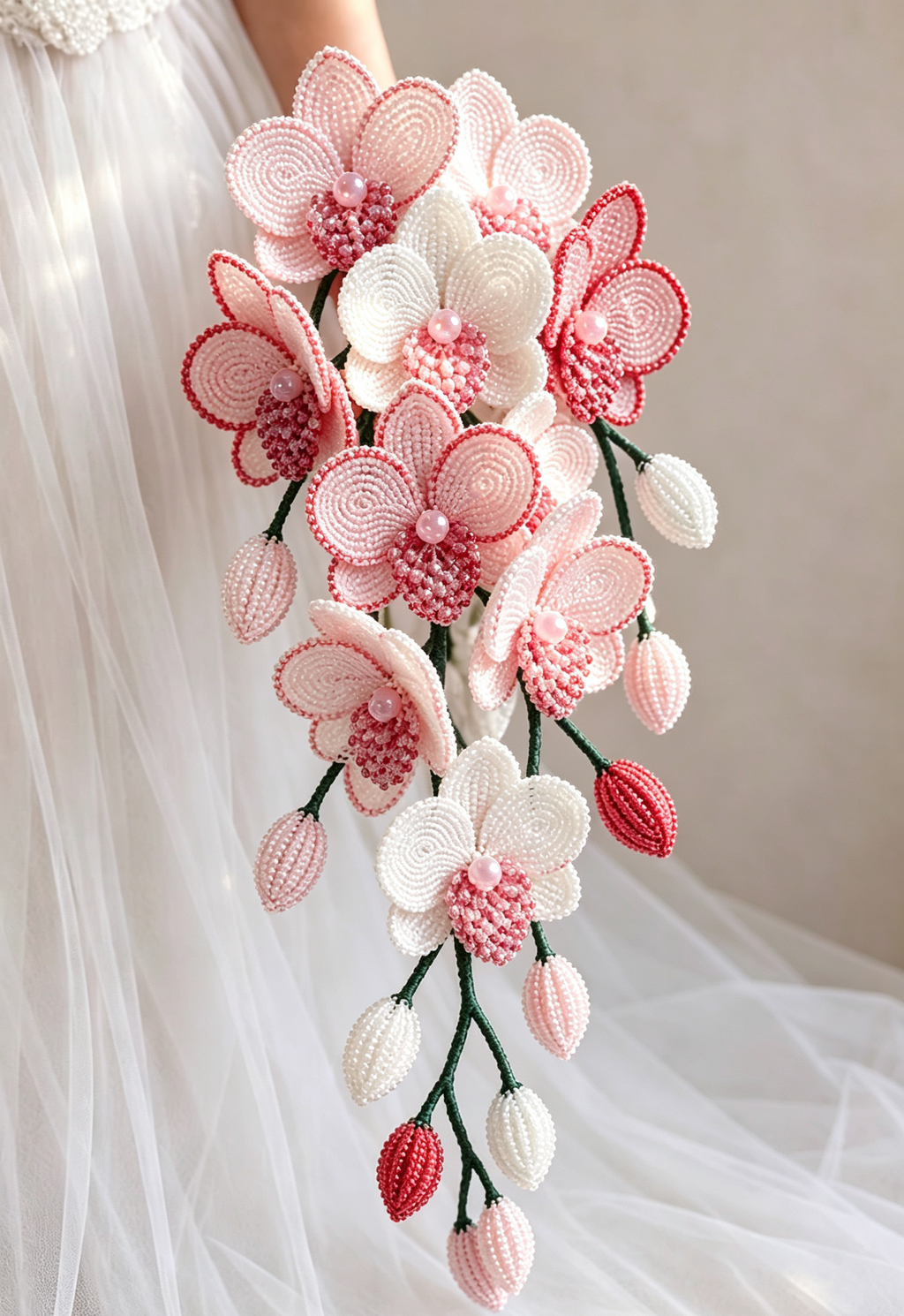 Bouquet de mariée fait main avec perles roses, blanches et bleues, composition florale souvenir