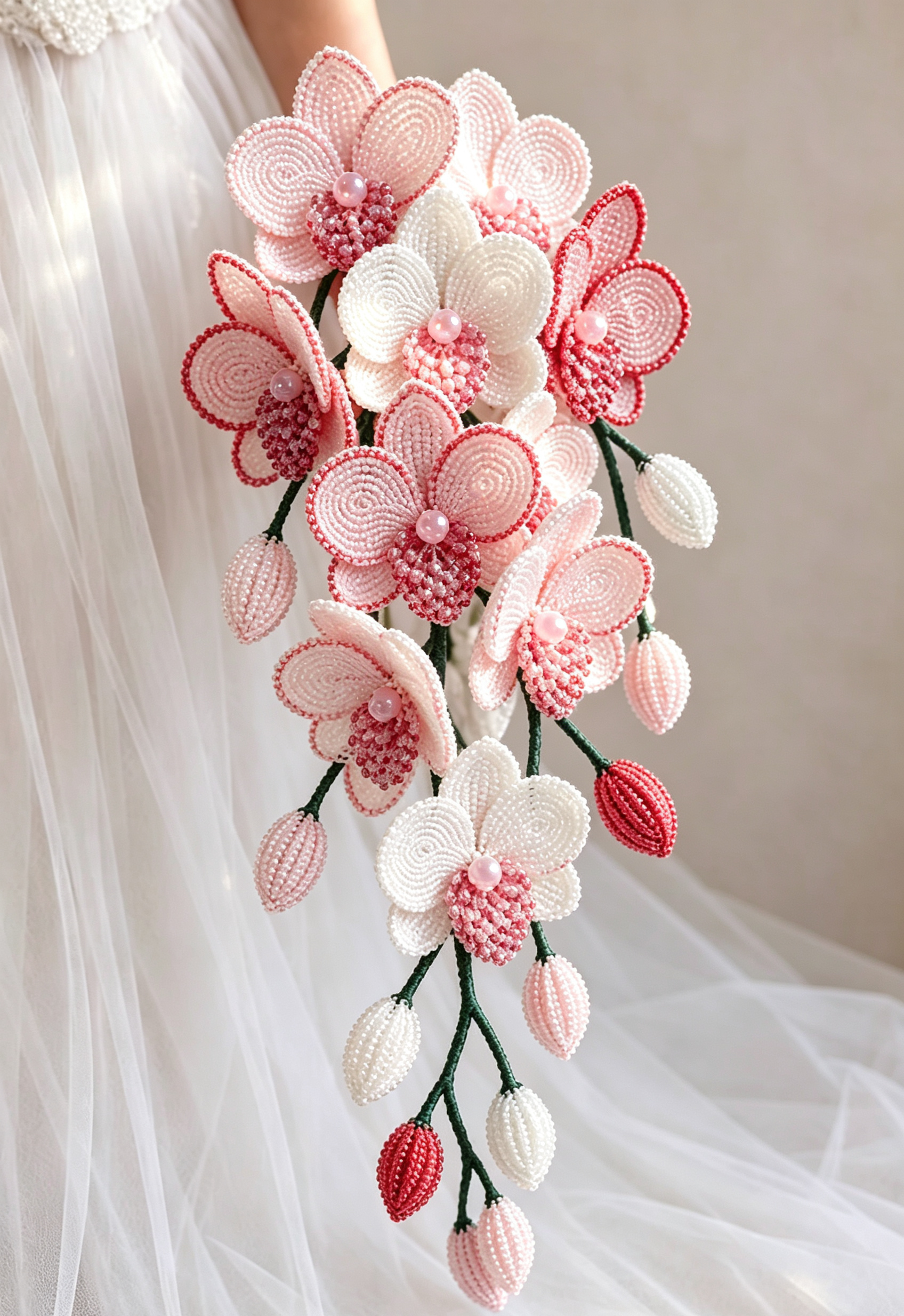 Bouquet de mariée fait main avec perles roses, blanches et bleues, composition florale souvenir