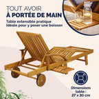 Chaise longue de jardin pliante en bois d'acacia avec roues et dossier réglable lot de 2 195 x 69 x 85 cm