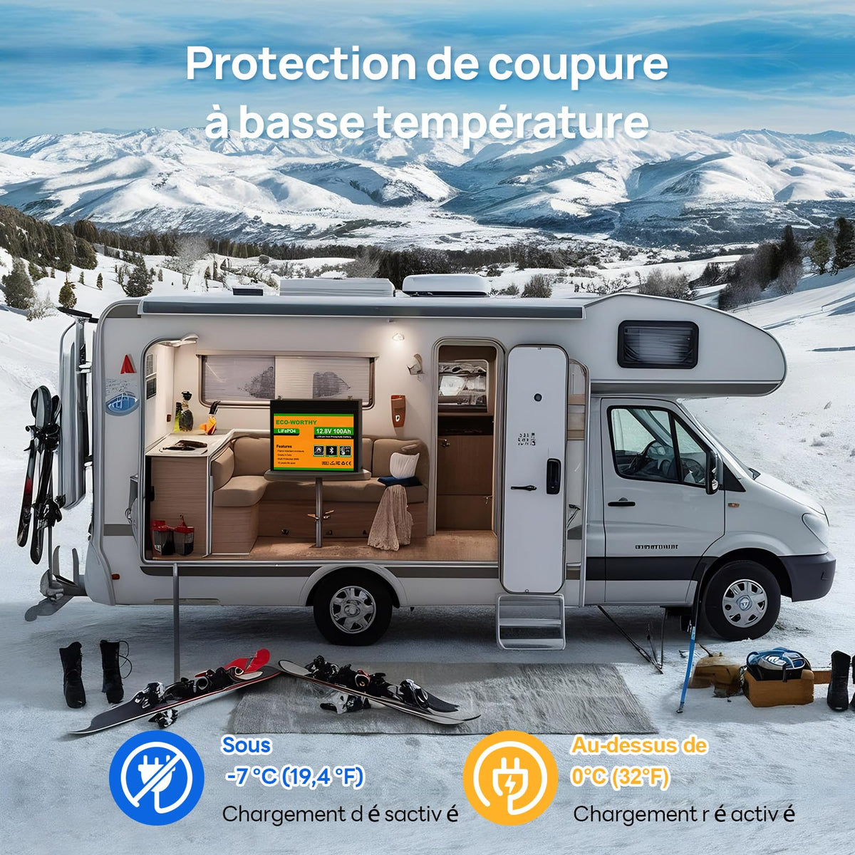 Batterie LiFePO4 12V 100Ah Bluetooth 1280Wh BMS protection basse température 100A rechargeable pour camping-car bateau solaire