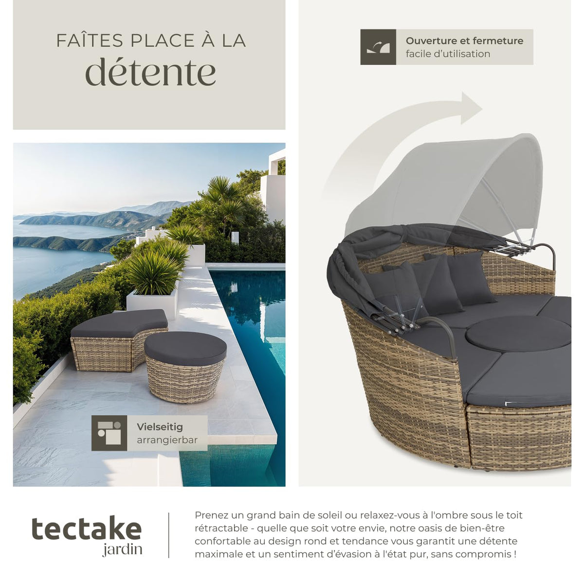 Bain de soleil modulable 5 pièces en résine tressée pare-soleil pliable coussins inclus structure acier 175 x 171 x 136 cm marron