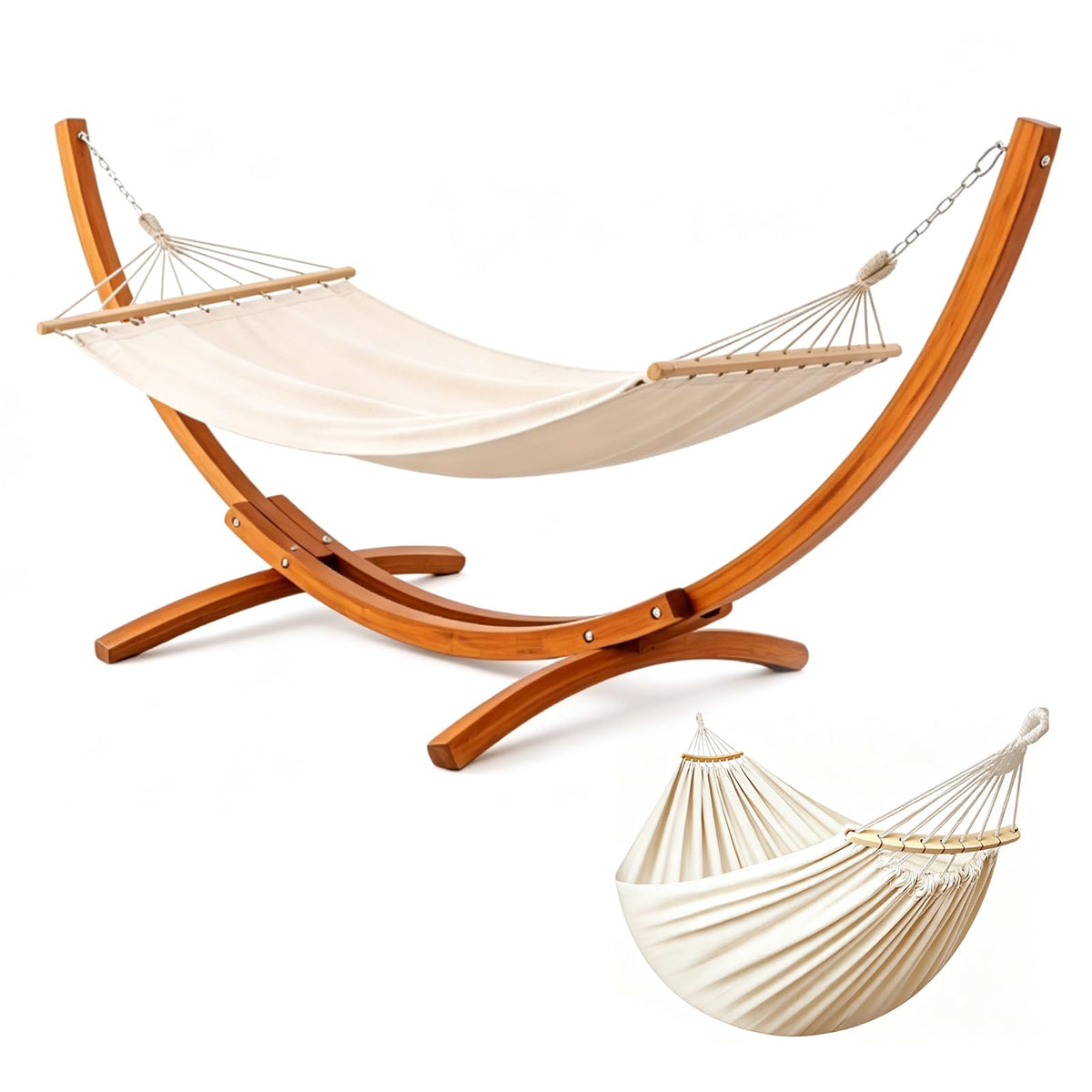 Hamac avec support en bois 320 x 120 cm 2 places charge 200 kg coton beige réglable en hauteur