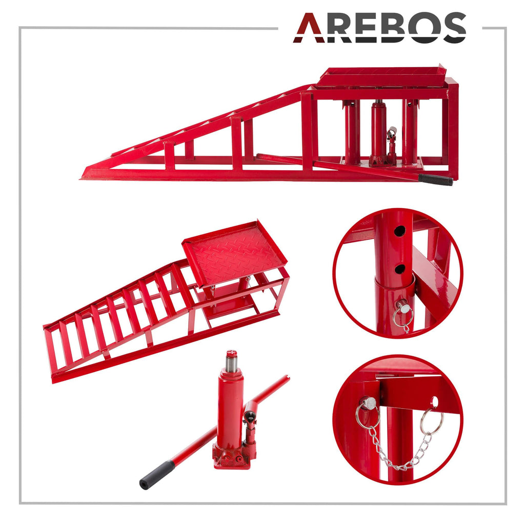 Lot de 2 rampes d'accès avec cric hydraulique 2 T hauteur réglable 290 à 375 mm largeur de pneu jusqu'à 257 mm