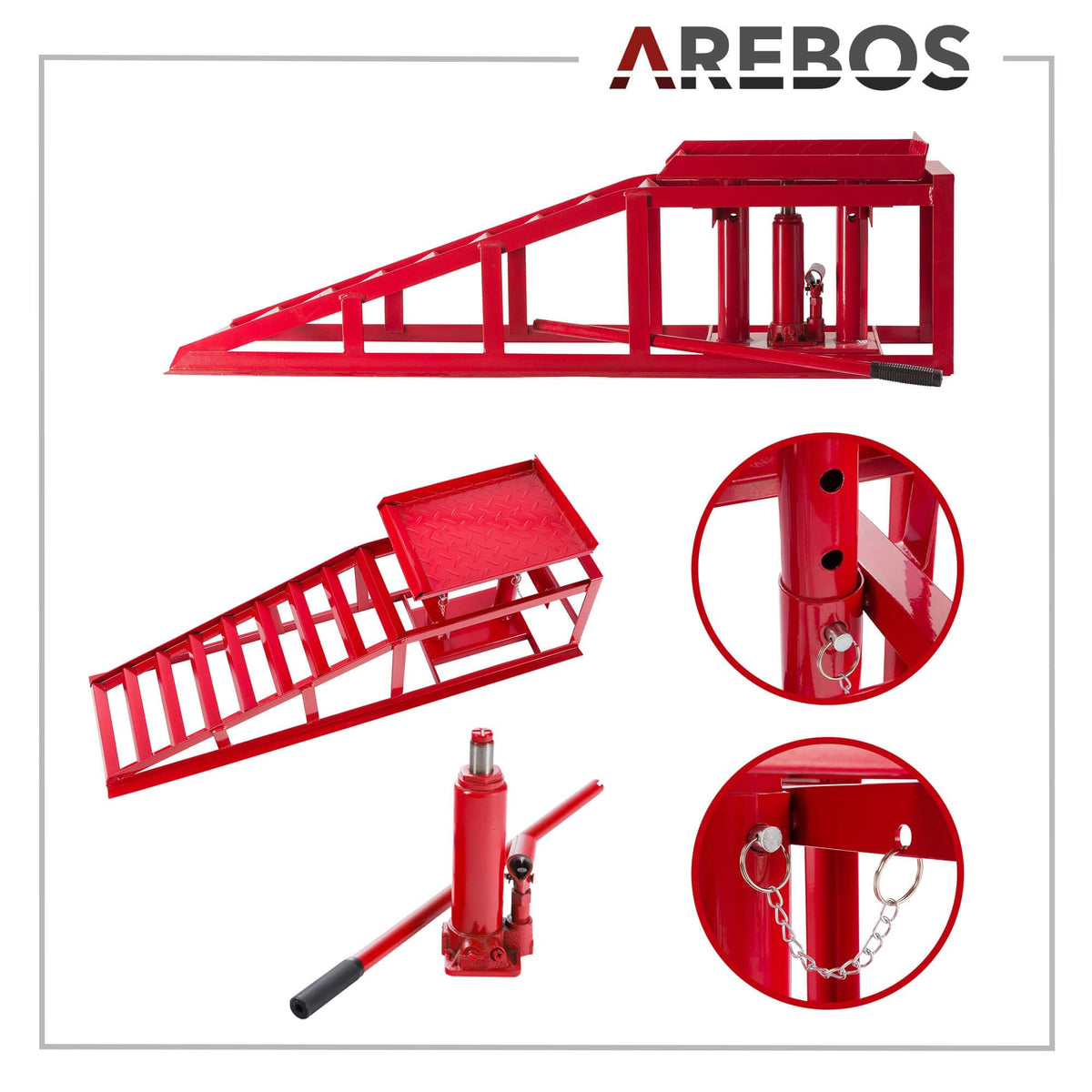 Lot de 2 rampes d'accès avec cric hydraulique 2 T hauteur réglable 290 à 375 mm largeur de pneu jusqu'à 257 mm