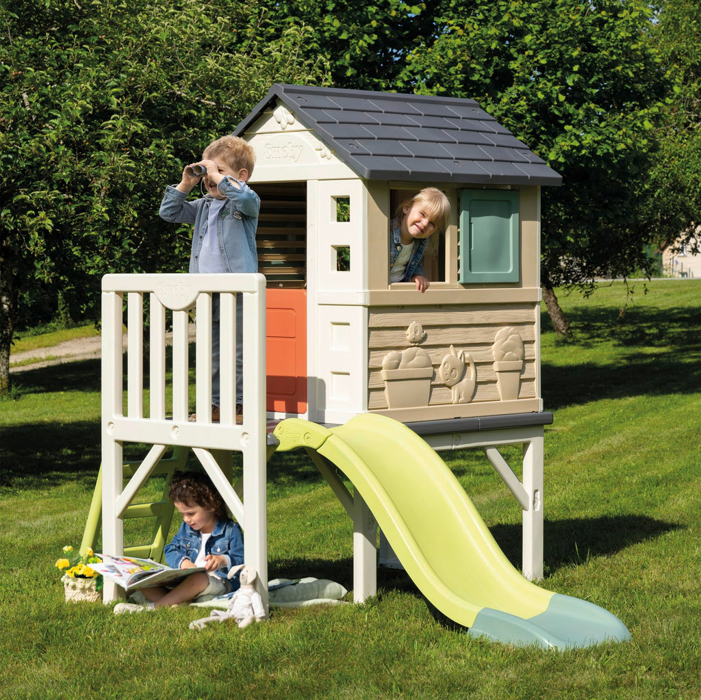 Maison de jeux sur pilotis avec toboggan et échelle plateforme 70 cm plastique recyclé 3 fenêtres dès 2 ans 243 x 160 x 197 cm