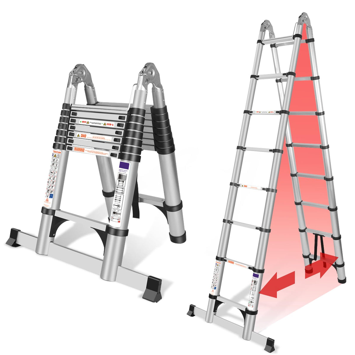 Échelle télescopique pliante DLT210E 5 m aluminium argent 150 kg hauteur réglable stabilisateurs échelle A et droite