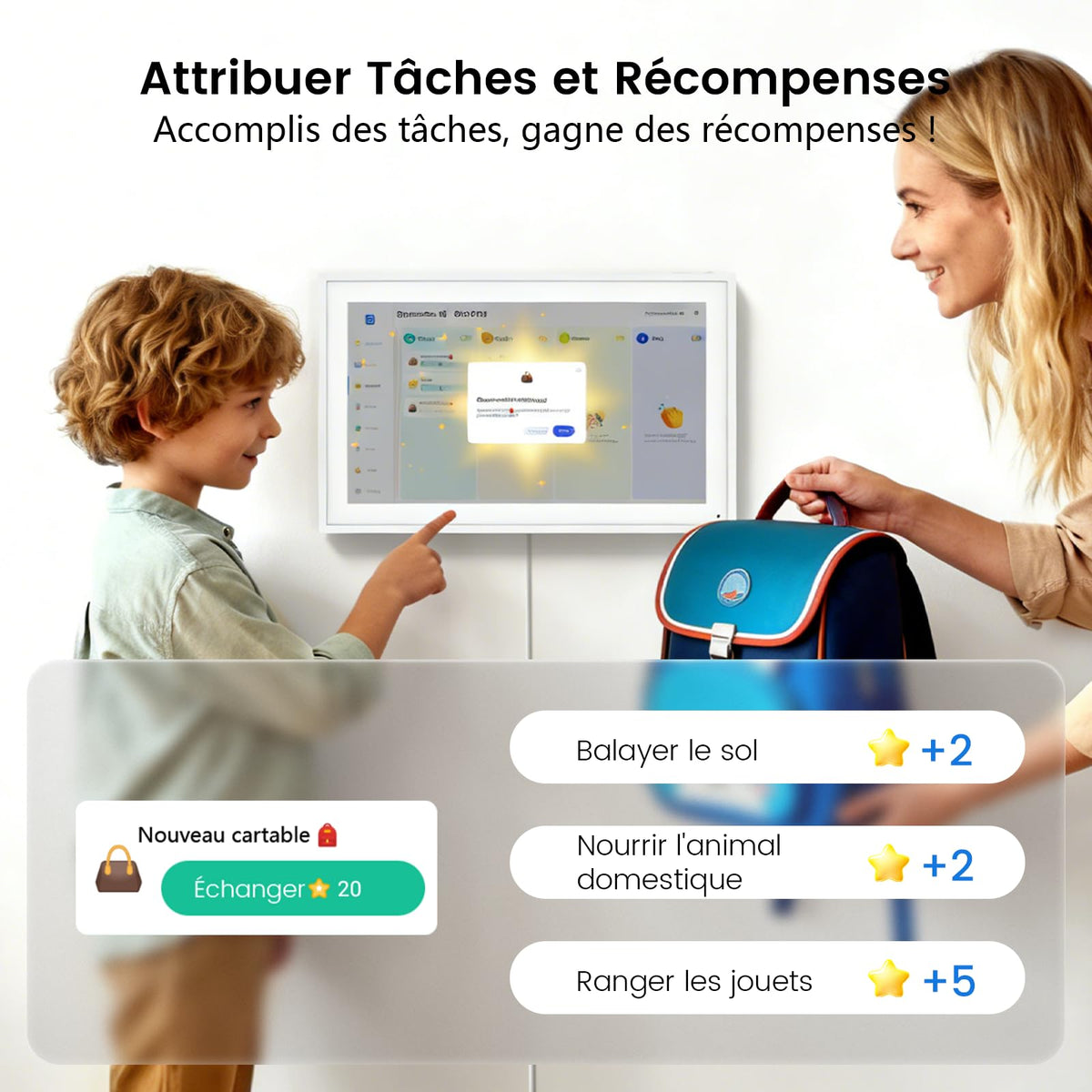 Calendrier numérique mural 15,6 pouces tactile WiFi organisateur familial synchronisation Google iCloud Outlook tableau de récompense enfant