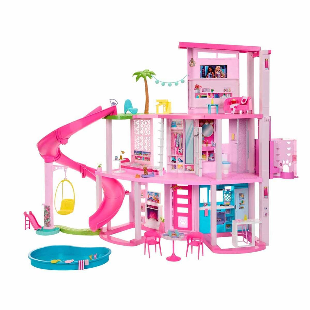 Maison de Poupée avec Accessoires HMX10 79 Pièces 10 Espaces de Jeu Toboggan 3 Étages et Piscine