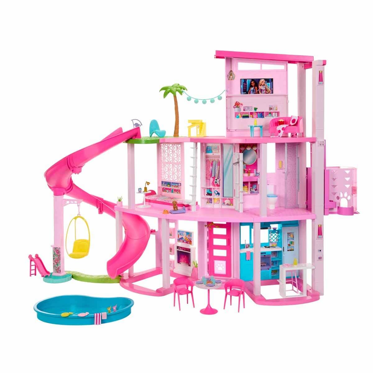 Maison de Poupée avec Accessoires HMX10 79 Pièces 10 Espaces de Jeu Toboggan 3 Étages et Piscine