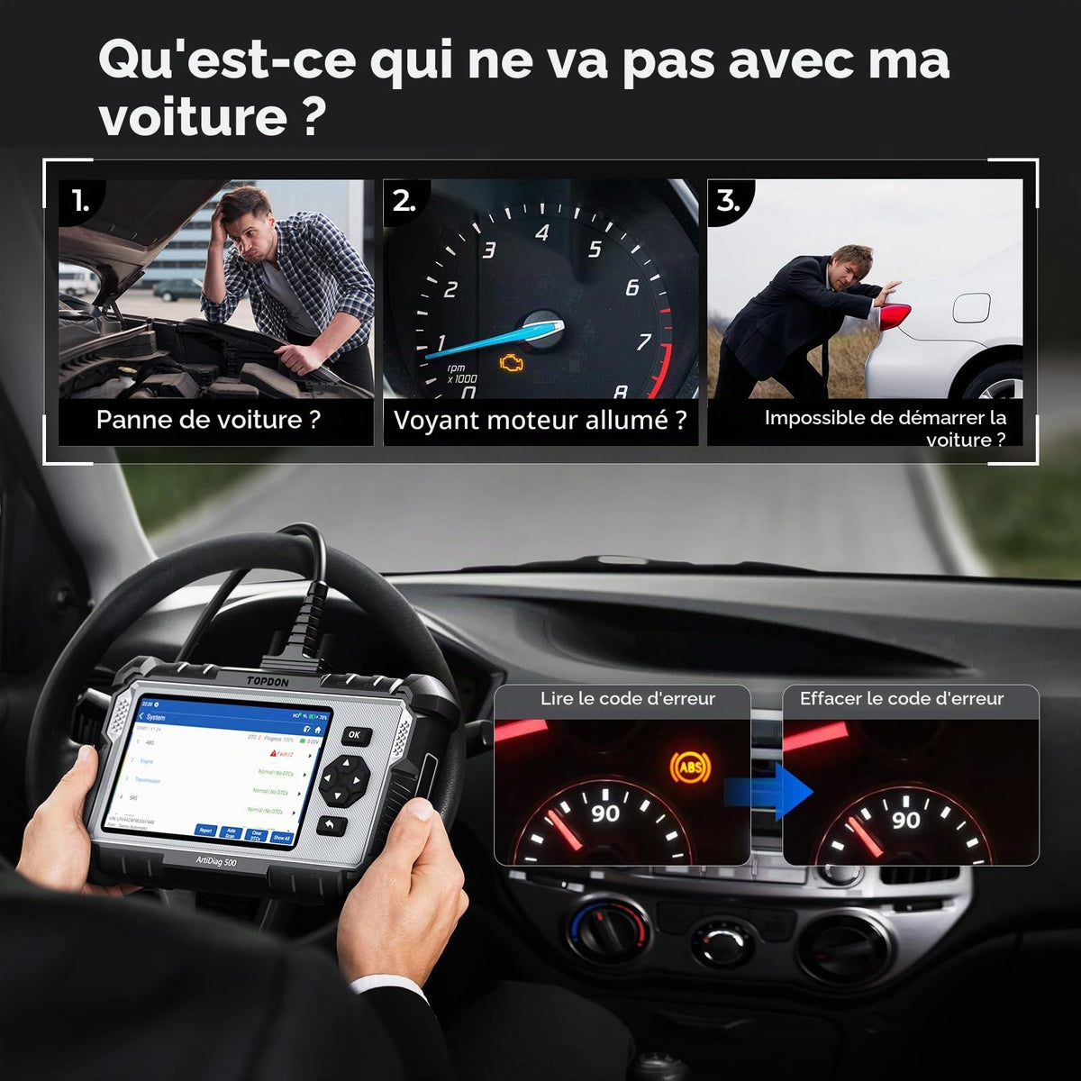 Valise diagnostic automobile OBD2 AD500 4 systèmes moteur transmission ABS SRS 6 réinitialisations écran 5 pouces Android 11