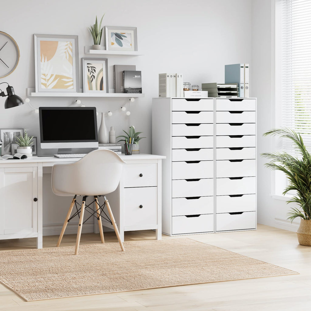 Commode chambre 9 tiroirs M951 124 cm en bois d'ingénierie blanc avec rangement vertical et poignées creuses
