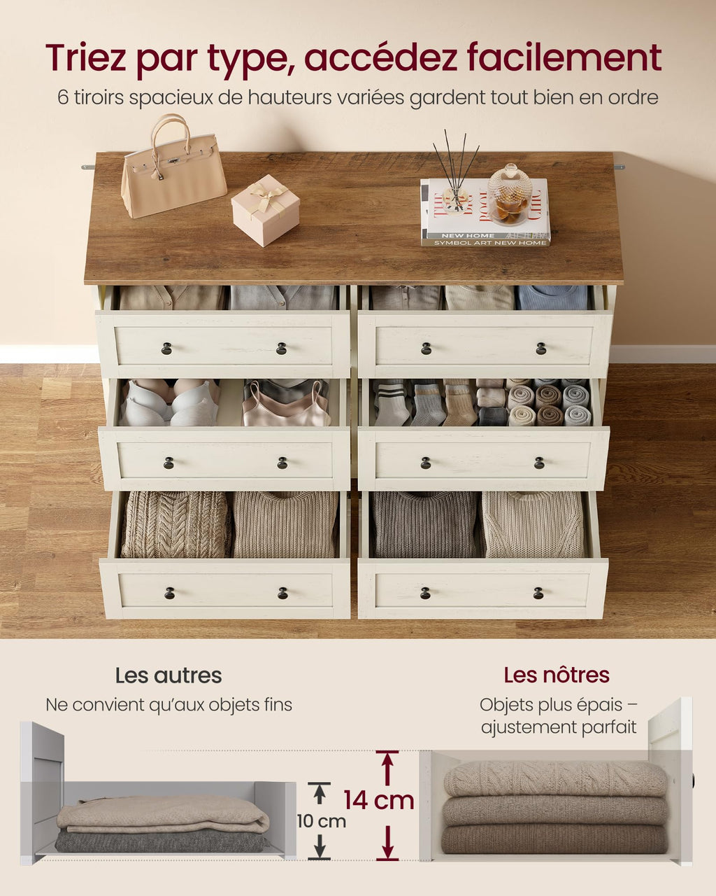 Commode 6 tiroirs LTS663WJ01 40 x 120 x 78 cm bois d'ingénierie blanc rustique marron miel meuble de rangement
