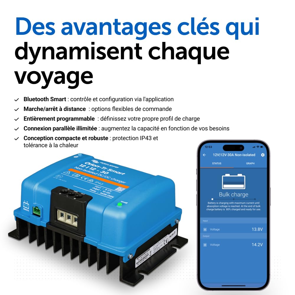 Chargeur CC-CC Orion-Tr Smart 12/12 V 30 A 360 W non isolé Bluetooth IP43 pour batteries plomb-acide et lithium