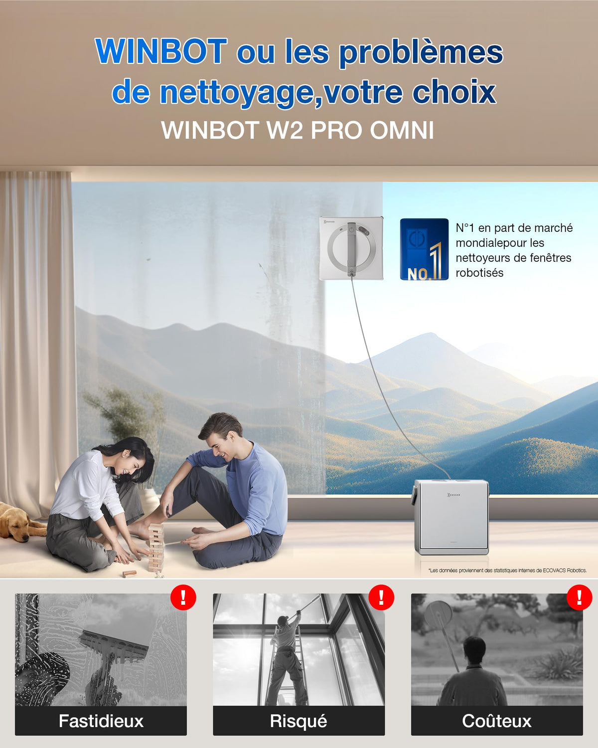 Robot lave-vitres WINBOT W2 PRO OMNI WG851-11 110 min station multifonctions pulvérisation 3 buses contrôle par application