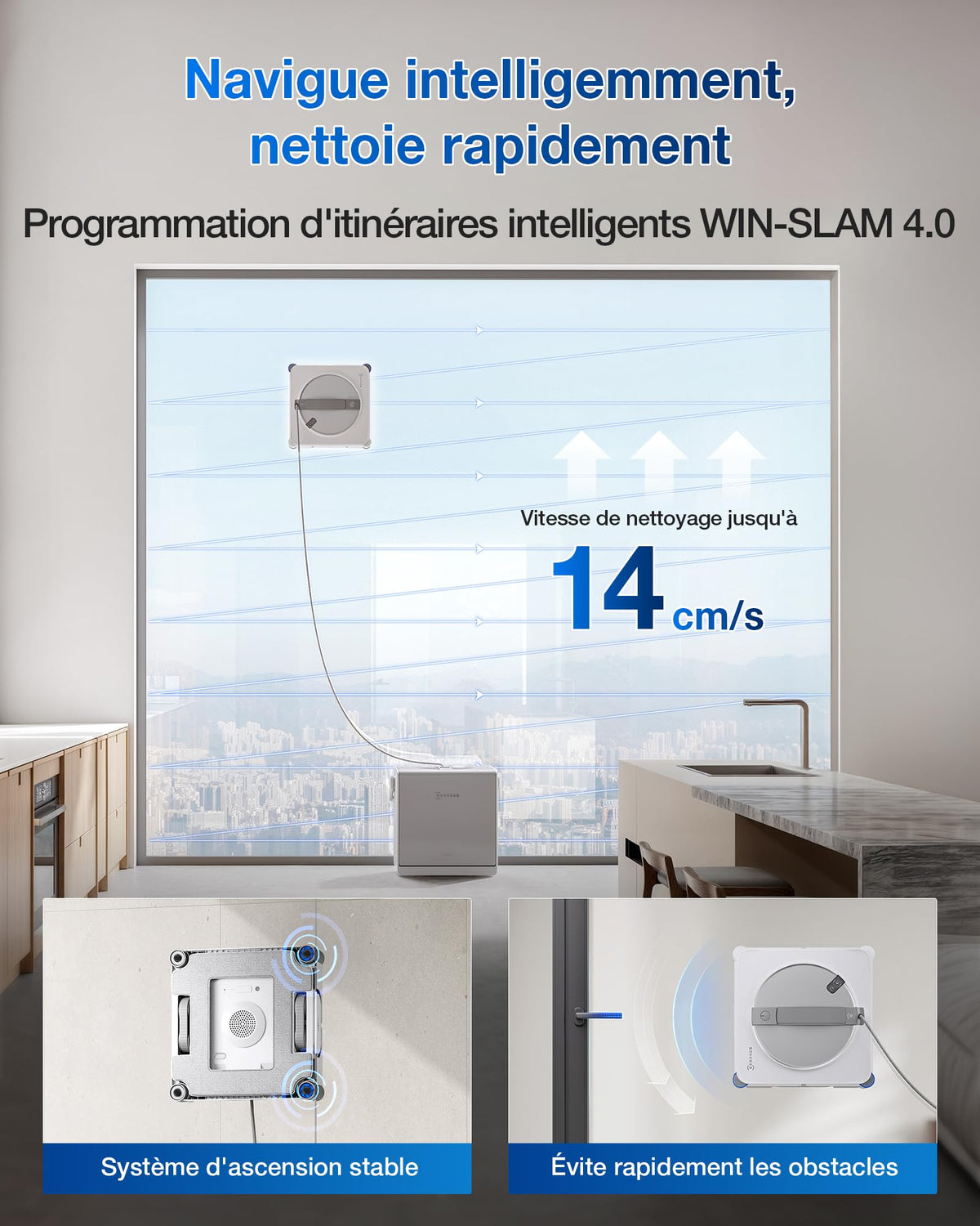 Robot nettoyeur de vitres W2S OMNI avec station 110 min batterie lithium-ion pulvérisation 3 jets contrôle par application