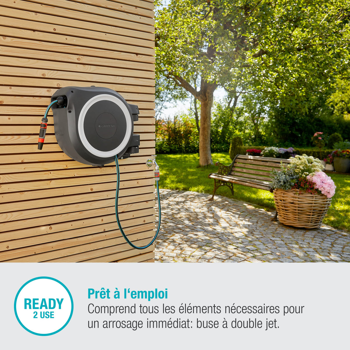 Enrouleur de tuyau mural RollUp L 18627-20 30 m Ø13 mm pivotant à 180° avec lance raccord tuyau et support mural