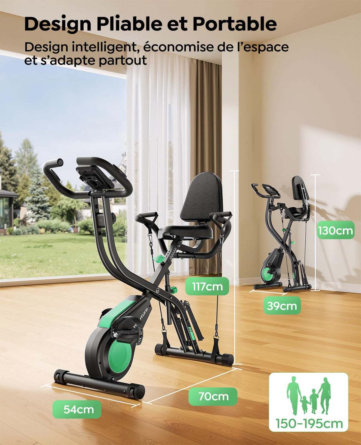 Vélo d’Appartement Pliable 5-en-1 TEB4 Résistance Magnétique 16 Niveaux Écran LCD Bluetooth Charge 140 kg 98,5 x 54 cm