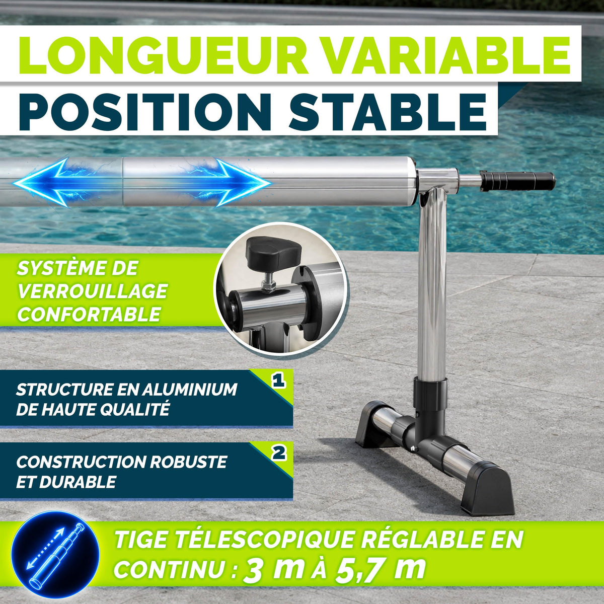 Enrouleur de bâche de piscine télescopique 3 à 5,70 m en aluminium avec 8 clips 8 sangles thermomètre et roues