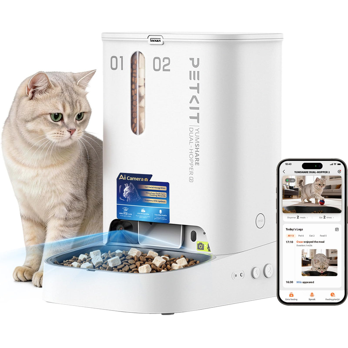 Distributeur automatique de croquettes pour chat 5 L double réservoir caméra HD 1080P reconnaissance faciale multi-chats Wi-Fi