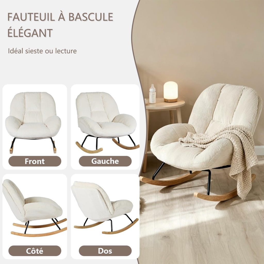 Fauteuil à bascule scandinave en velours côtelé beige 111 x 79 x 84 cm dossier haut accoudoirs ergonomiques charge 120 kg