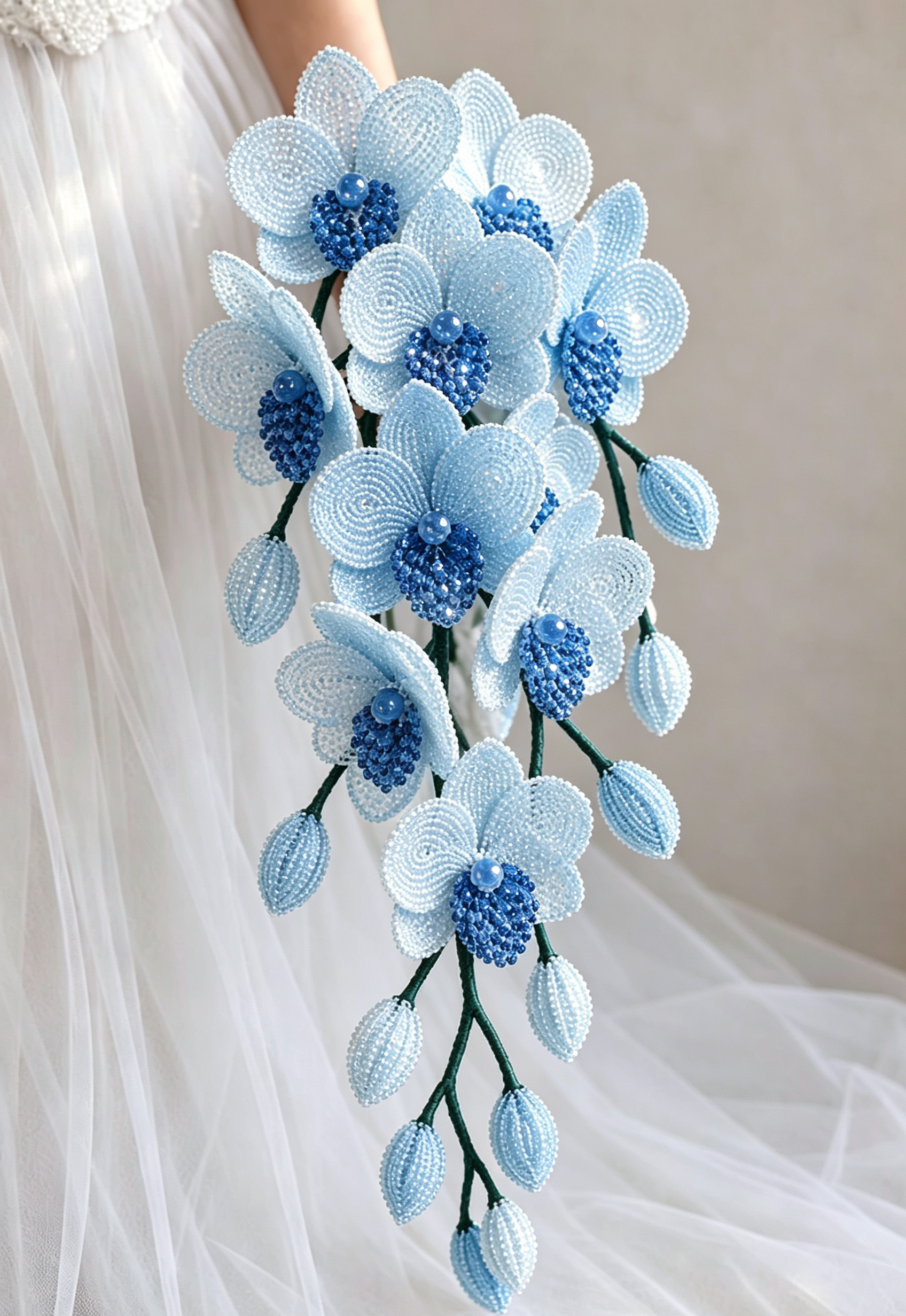 Bouquet de mariée fait main avec perles roses, blanches et bleues, composition florale souvenir