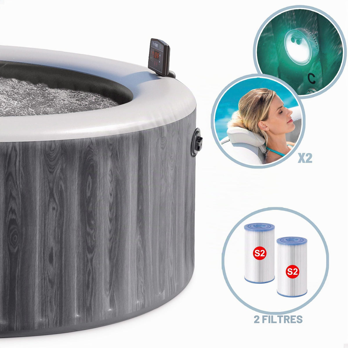 Spa gonflable Pure Spa Baltik 28440NP 4 places 795 L 140 jets 220 V PVC rond gris 196 x 196 x 71 cm filtration 1,7 m³/h