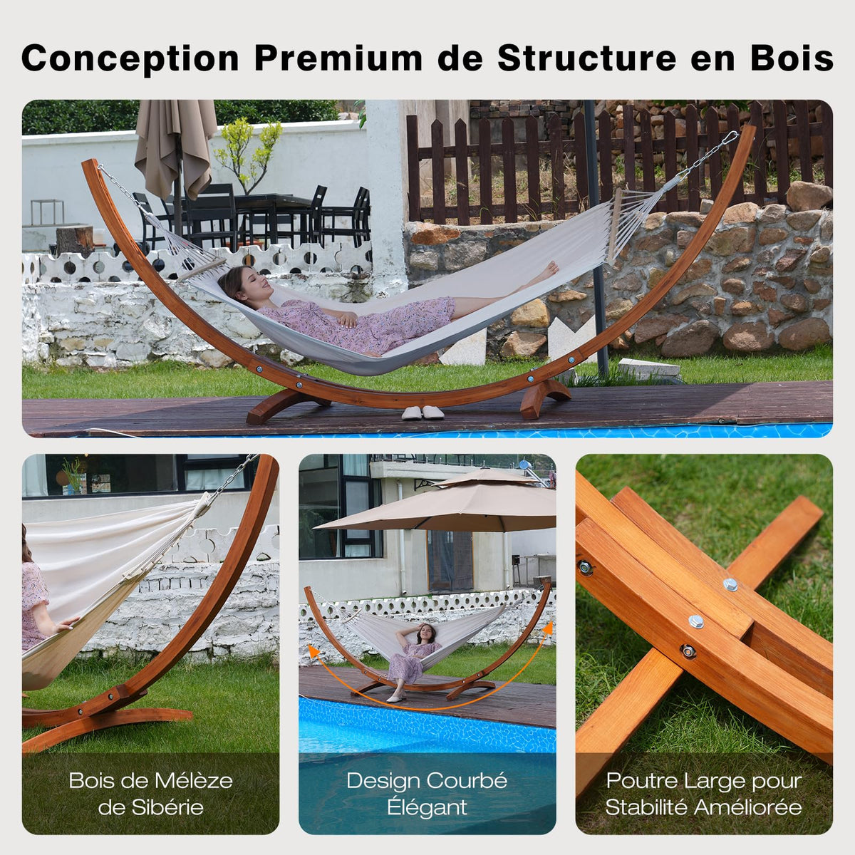Hamac avec support en bois 320 x 120 cm 2 places charge 200 kg coton beige réglable en hauteur