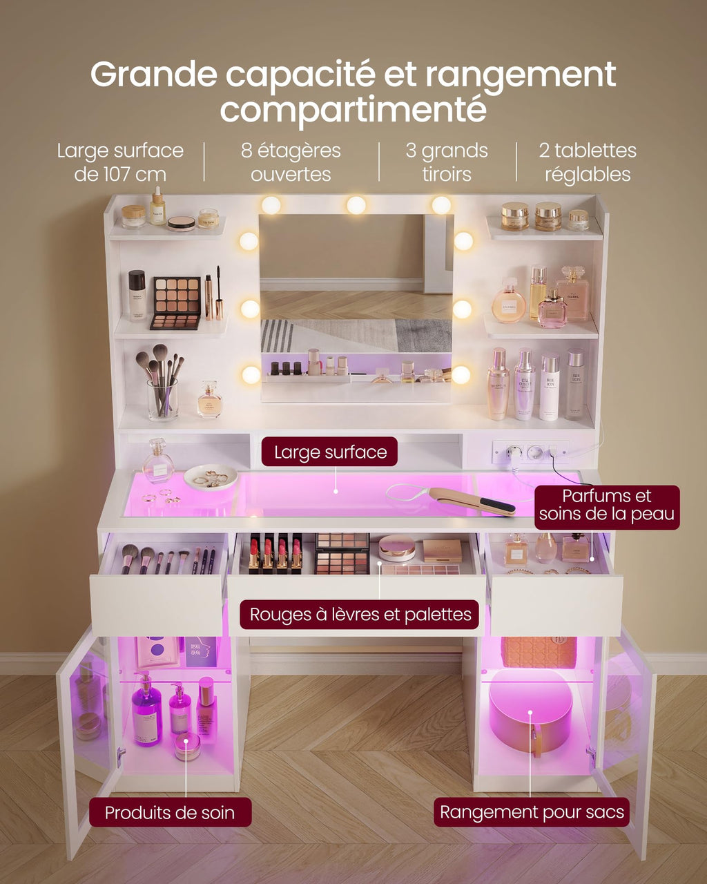 Coiffeuse avec miroir LED RGB 107 x 40 x 144,5 cm 5 tiroirs plateau en verre prises USB armoires de rangement Kailyn RDT145WB01
