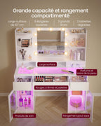Coiffeuse avec miroir LED RGB 107 x 40 x 144,5 cm 5 tiroirs plateau en verre prises USB armoires de rangement Kailyn RDT145WB01