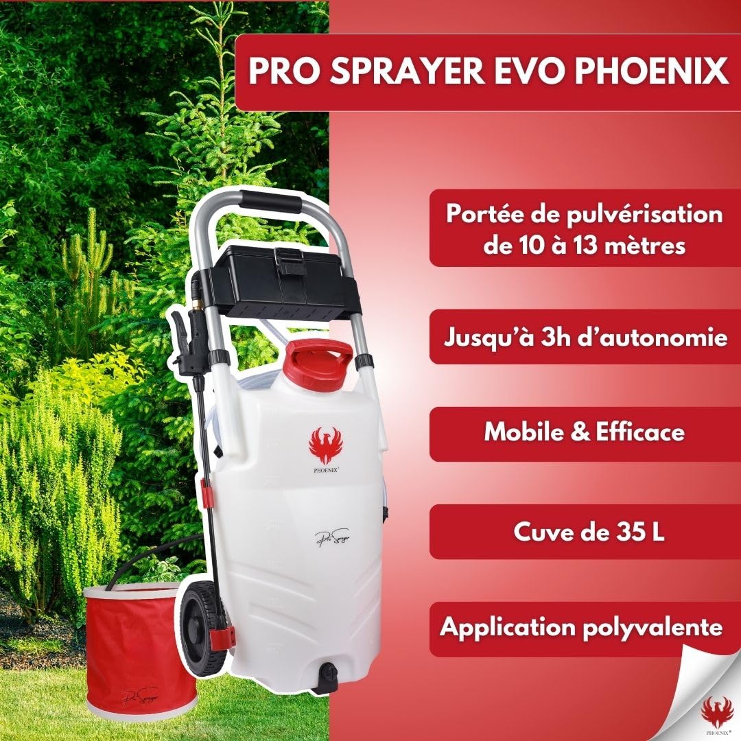 Pulvérisateur électrique Pro Sprayer Evo 35 L 7 bars 2 batteries 18 V tuyau 8 m 4 buses lance 40 cm sur chariot