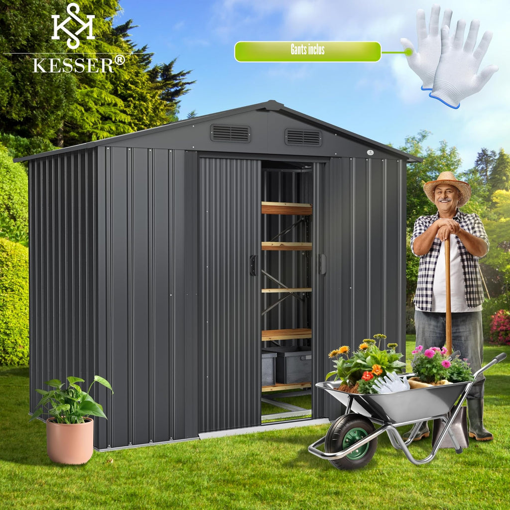 Abri de Jardin en Métal 4,2 m³ 182 x 131 x 186 cm 2 Portes Coulissantes Fondation Toit à Pignon Aération Anthracite