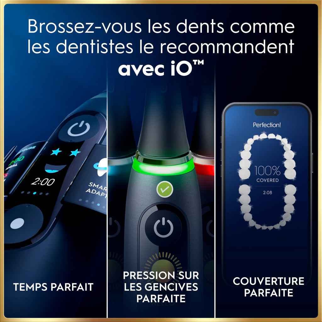 Brosse à dents électrique iO 9N rechargeable noire 7 modes capteur de pression 2 têtes étui de voyage chargeur